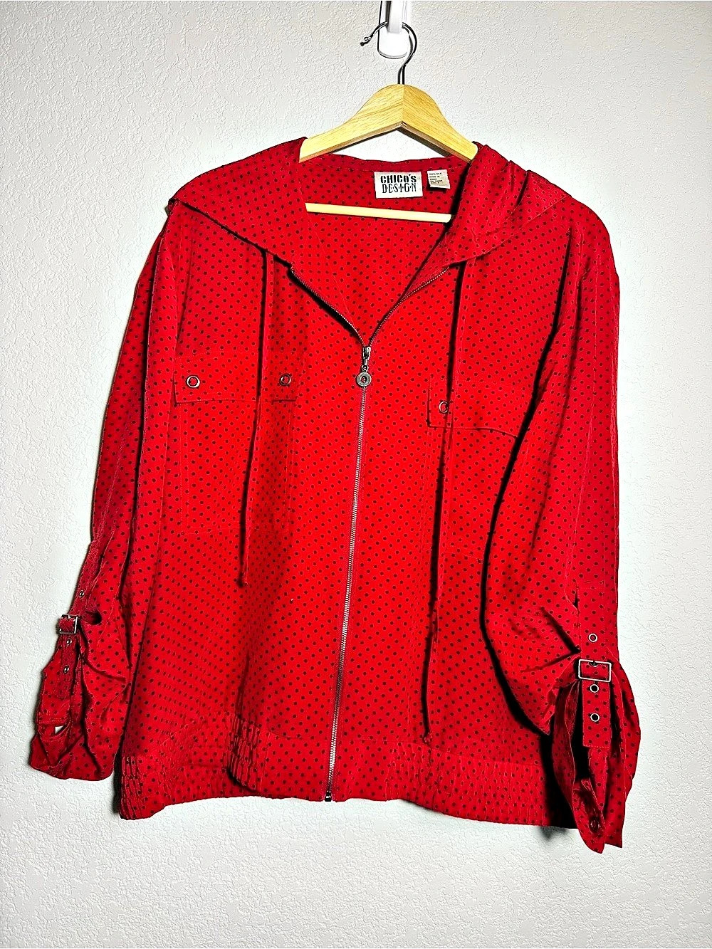 Chico’s Design Jacket Women’s 3 Red Black Polka Dot 100% Silk Hooded retro
